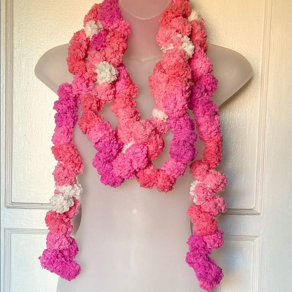 Handmade Crochet Pom Pom Scarf Sherbet Pink Peach Cream – Soft Cozy Accessory